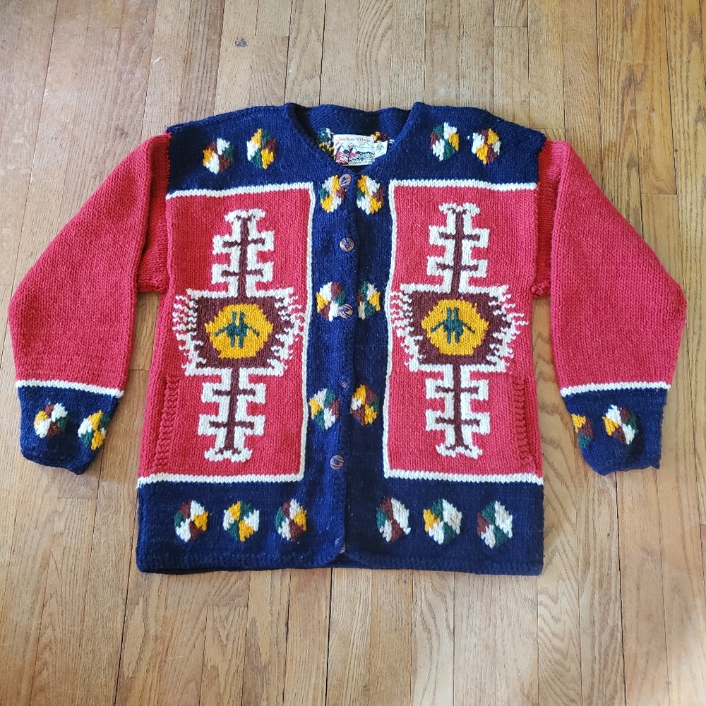 Stunning handmade wool tribal symbol sweater South America indigenous Quichua